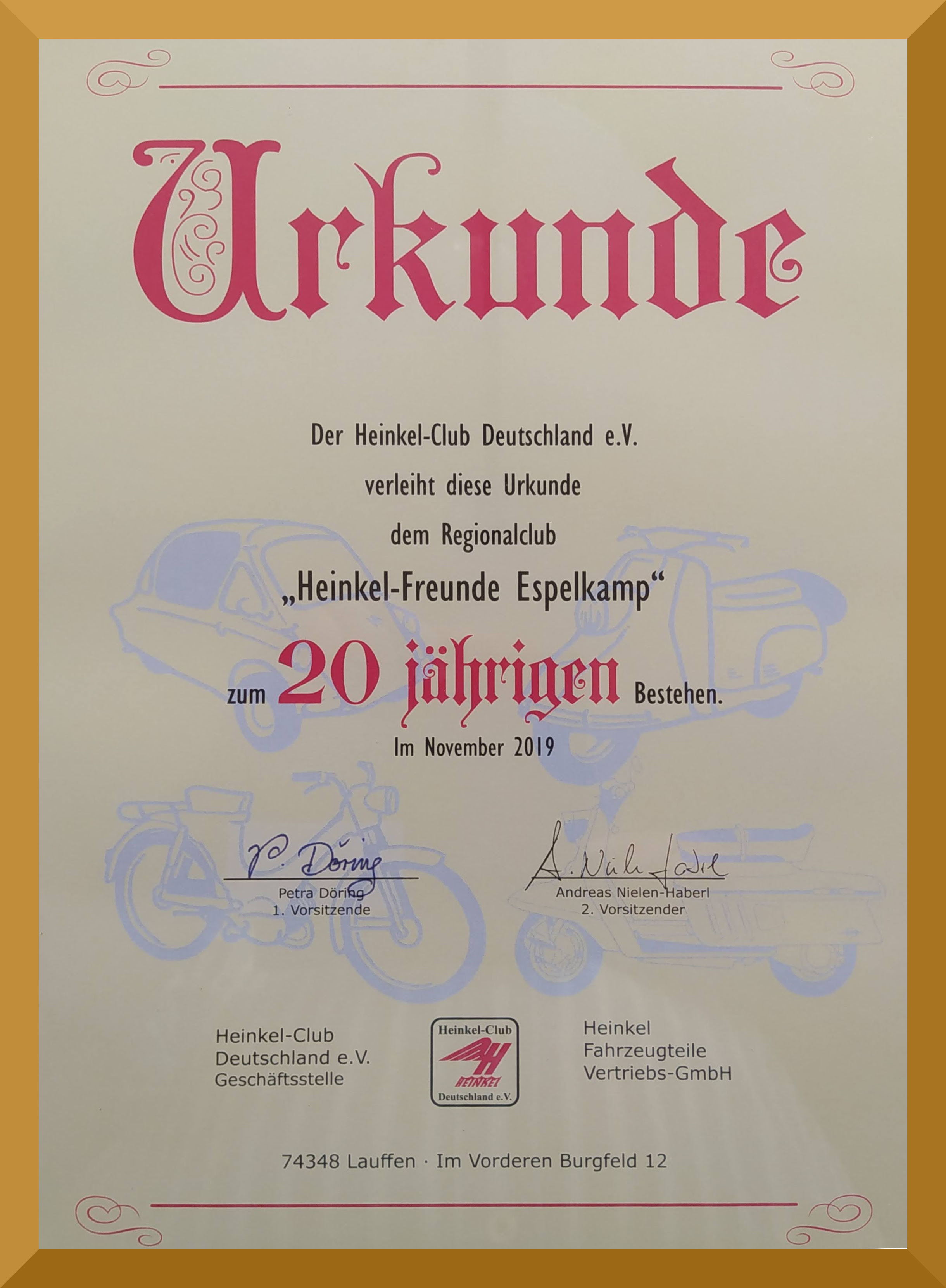 Urkunde 20. Jubiläum Stammtisch